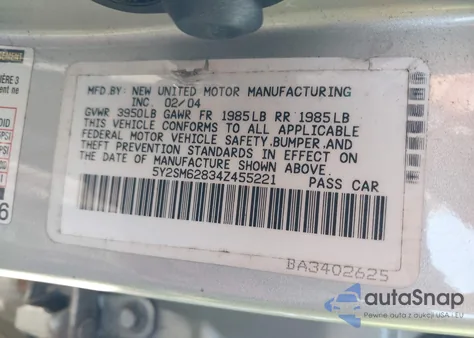 2004 Pontiac Vibe z USA, uszkodzony, nr VIN 5Y2SM62834Z455221